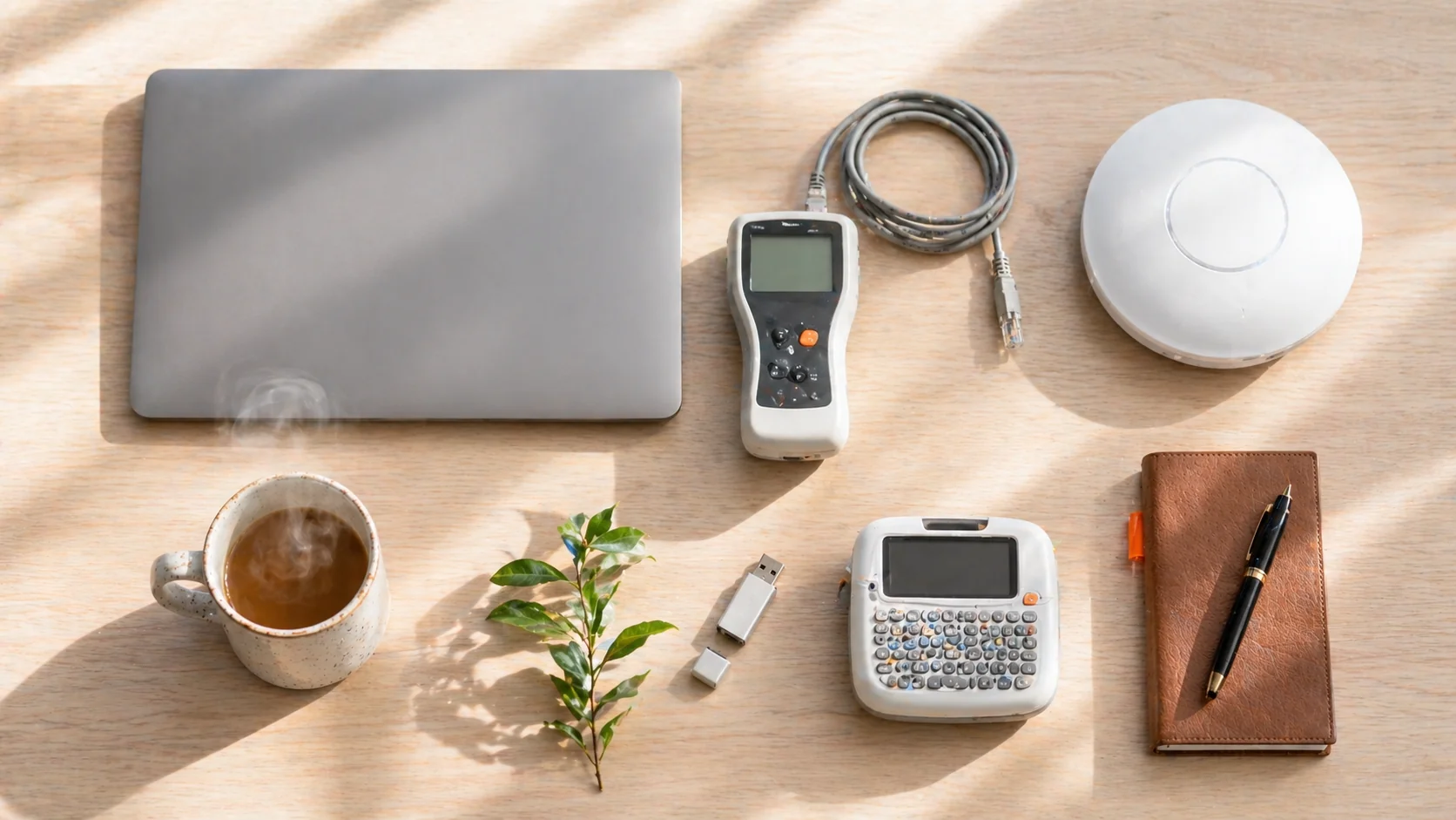 A top-down editorial flat-lay of essential small business IT equipment arranged on dark slate with warm orange side light