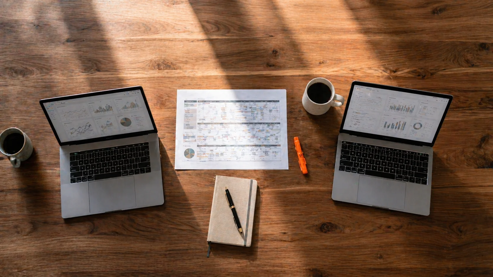 Top-down overhead shot of a wooden conference table at mid-afternoon, two slim laptops at opposite ends with a printed comparison spreadsheet and coffee cups in the center