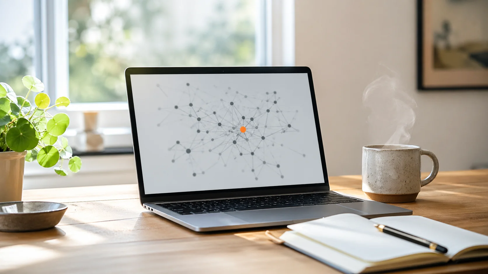 A laptop on a dark walnut desk displaying an abstract network graph with one node glowing orange