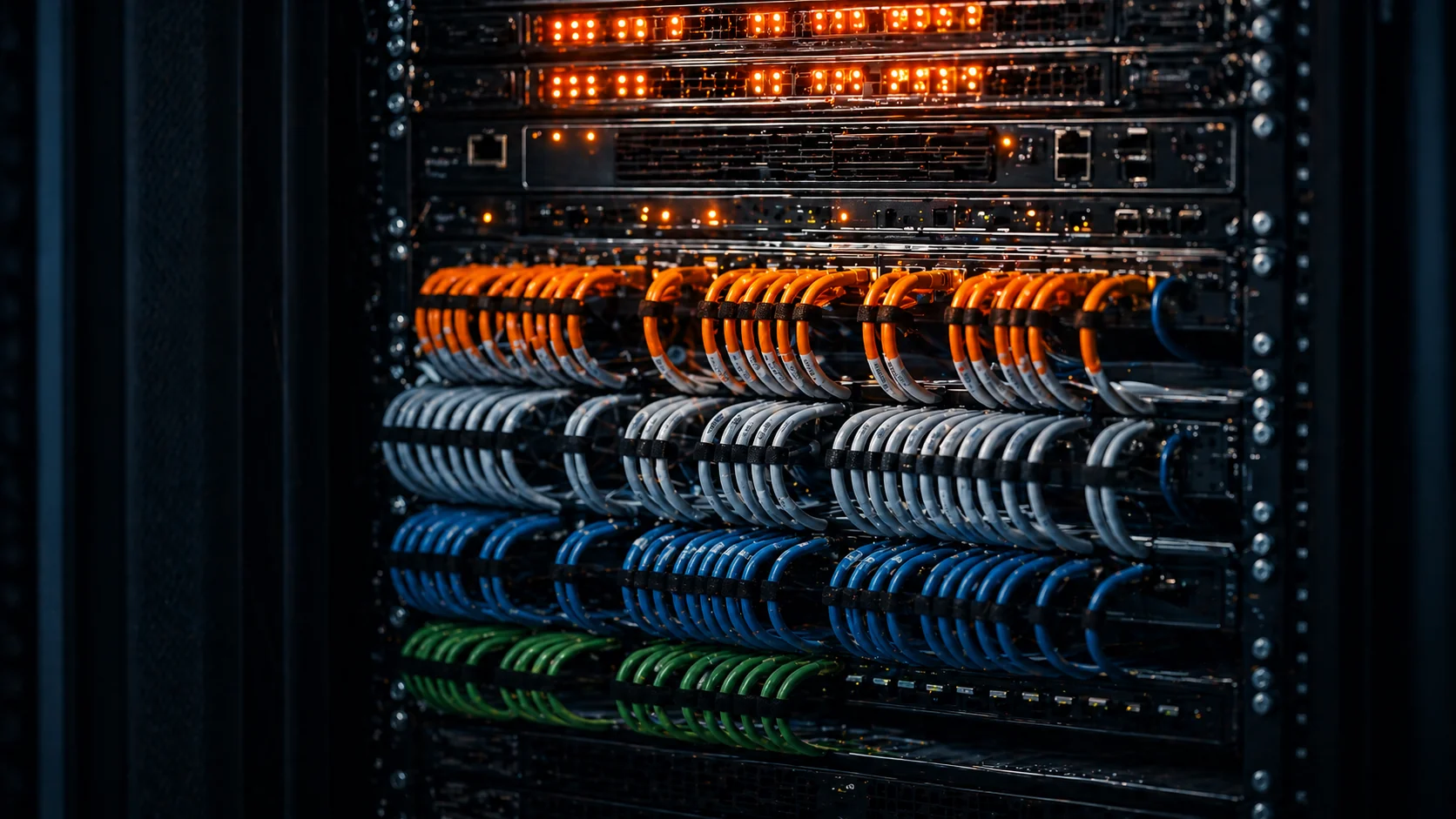 A perfectly cable-managed server rack interior with color-coded bundles and warm orange status LEDs evenly arrayed across the top