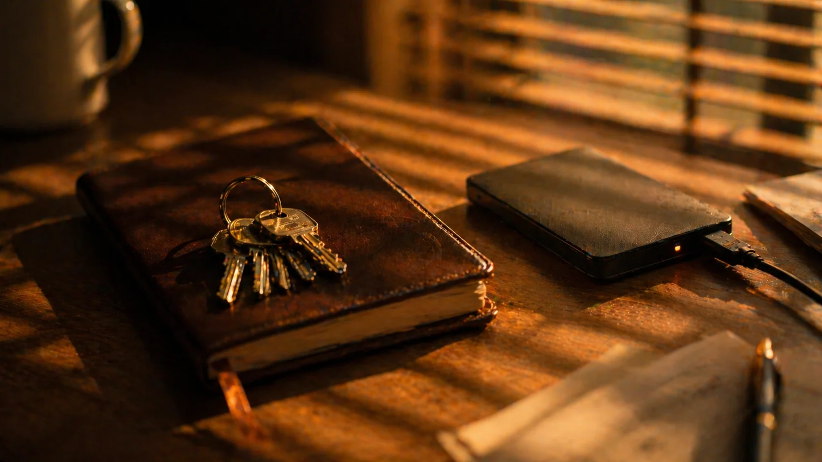 Late afternoon golden-hour light through office blinds falling across a desk, brass keys resting on a leather notebook beside a small backup hard drive
