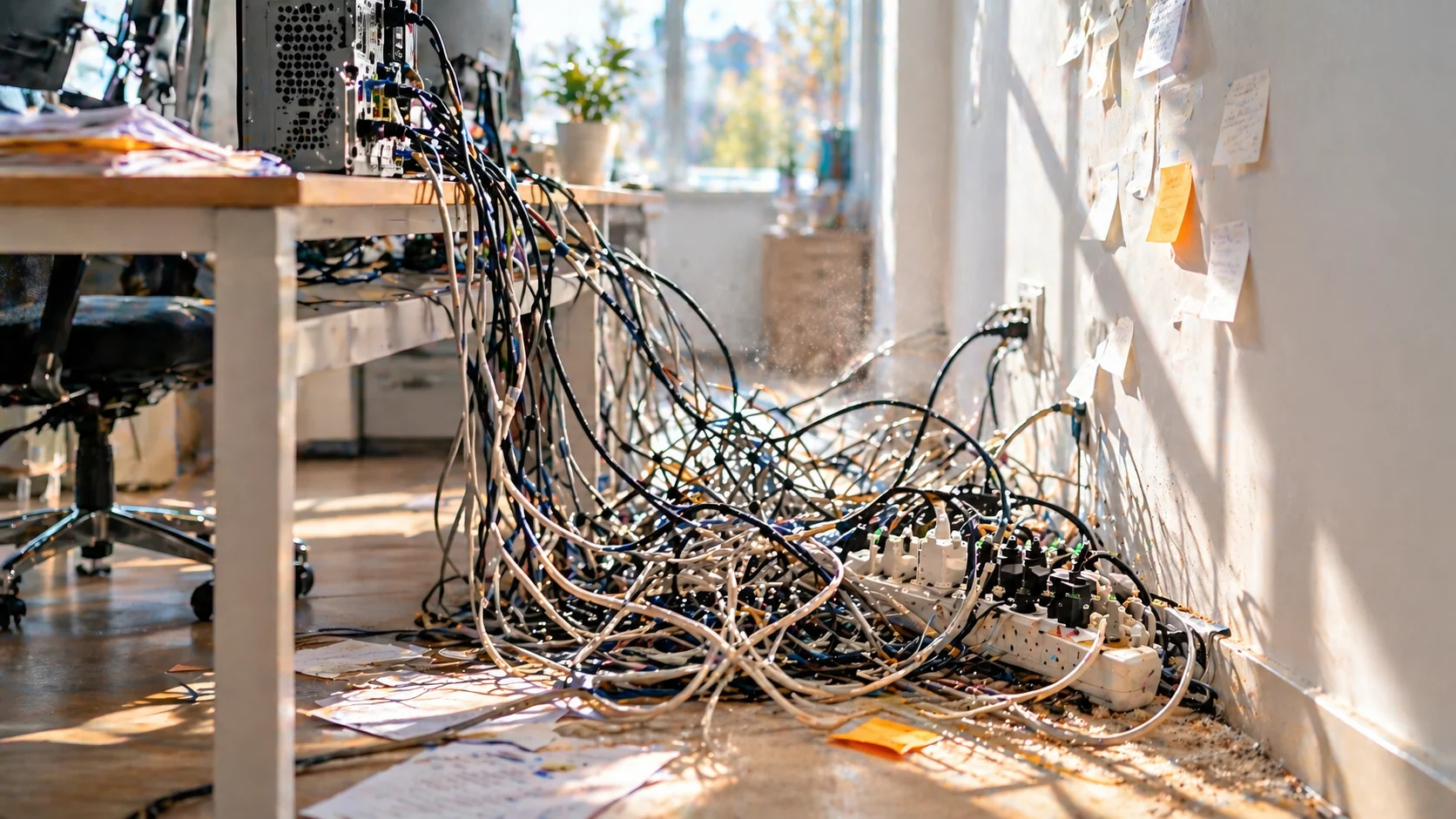 A tangle of mismatched cables and power bricks behind a small business workstation, harshly lit by a warm orange work lamp